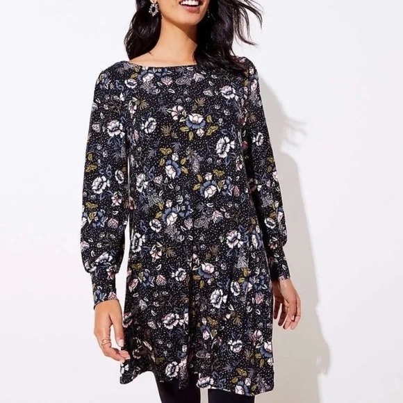 LOFT Black Floral Polka Dot Dress - Picture 1 of 7